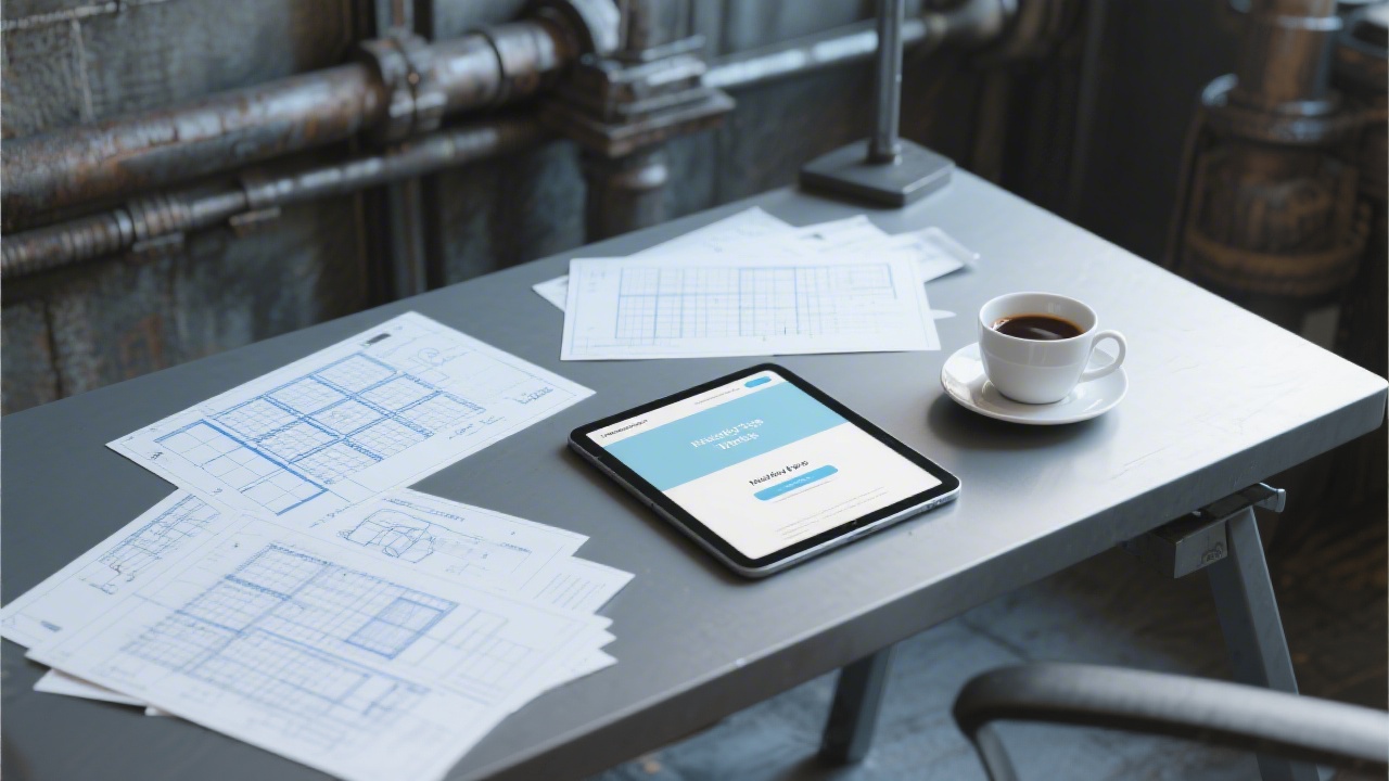 Desk with printed website grid layouts, blueprints, a tablet showing a clean landing page mockup, and a cup of coffee in a tidy industrial setting.