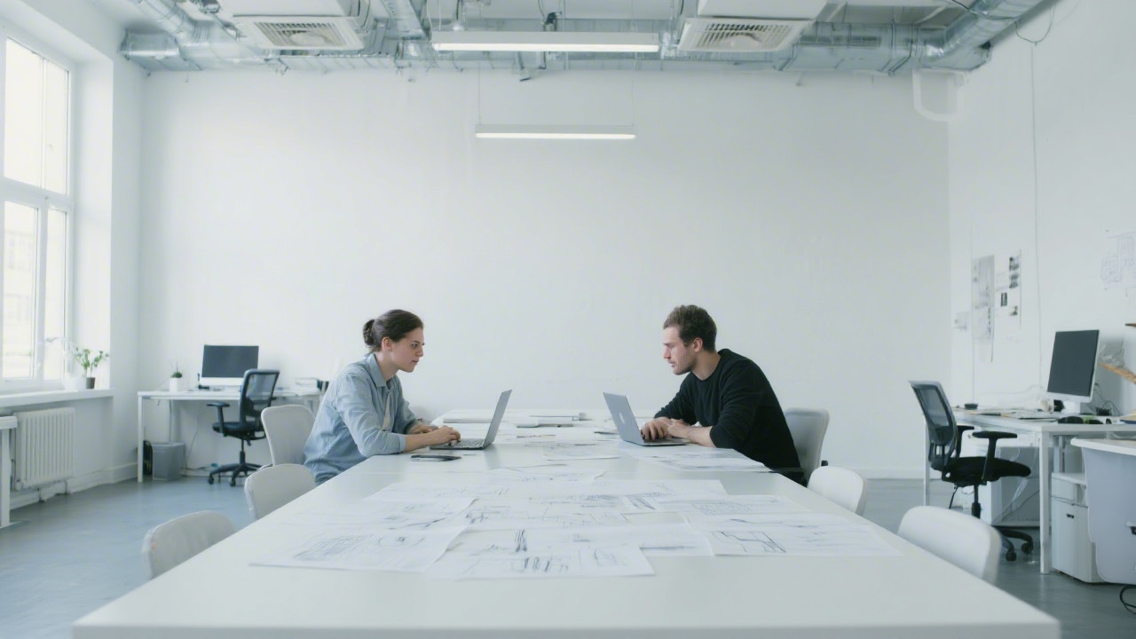 Bright minimalist office with two designers collaborating at a large table, laptops and sketches visible, clean industrial details and neutral colors reflecting a modern studio atmosphere.