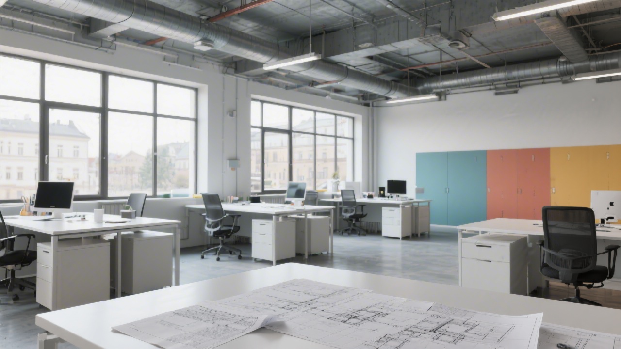 Wide view of modern industrial workspace in Liberec with clean desks, large windows, neutral colors and blueprint papers, representing a minimalist web studio environment.