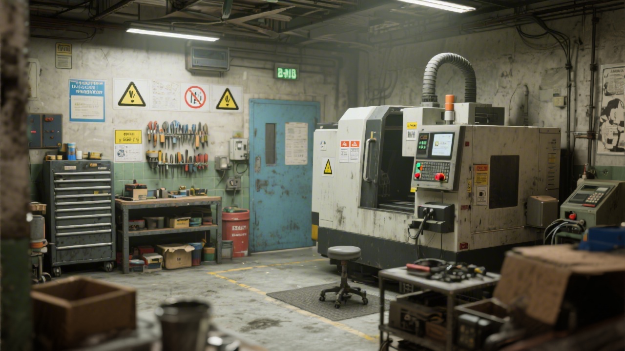 Detailed view of a small manufacturing workshop with CNC machines, safety signage, organized tools and clear workflow areas, illustrating a practical local production environment.