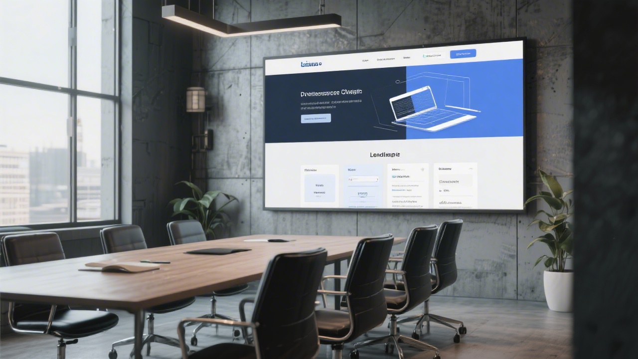 Modern meeting room with a large screen showing a landing page layout, industrial materials and clean lines, illustrating professional web design consultation.