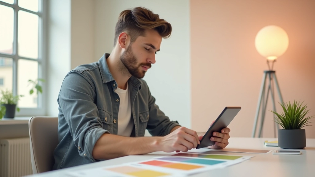 Designer pracující na pastelové paletě s texturálními efekty v moderním studiu